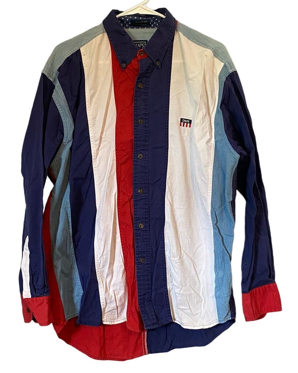 Chaps Mens Large Long Sleeve Stripes Collared Color Block Red White Blue